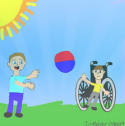 cartoon of boy playing ball with boy in wheelchair